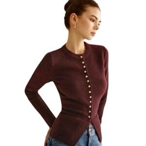 Commense Women's Burgundy Button Down Slit Slim Cardigan NWT